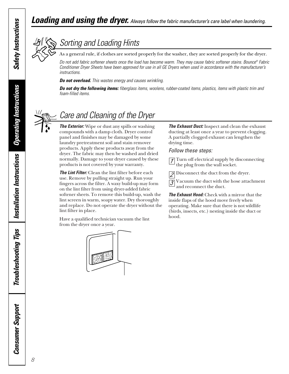 Loading and using the dryer, Loading and using the dryer , 9 | GE DVL223 User Manual | Page 8 / 24