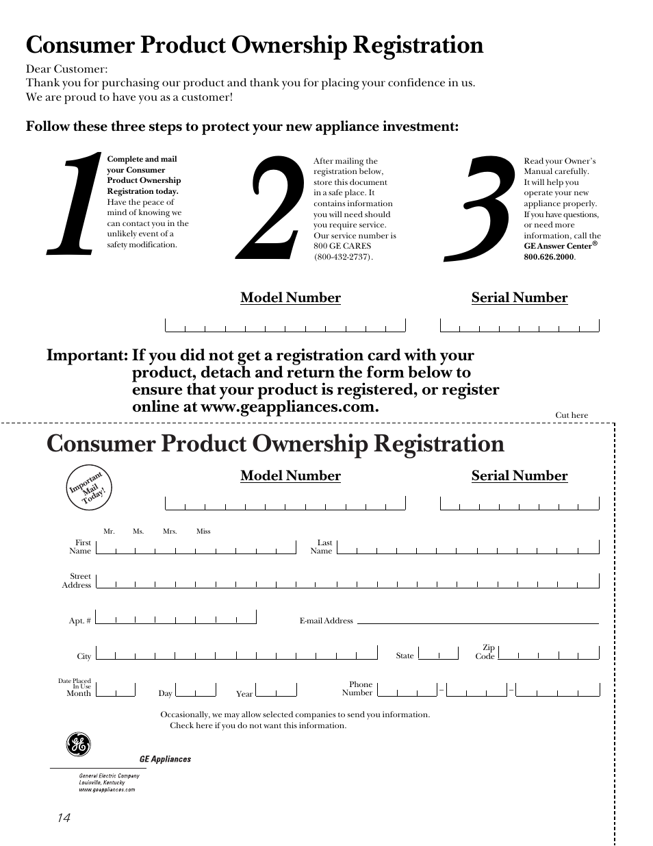 Consumer product ownership registration | GE WBXE2070 User Manual | Page 14 / 16