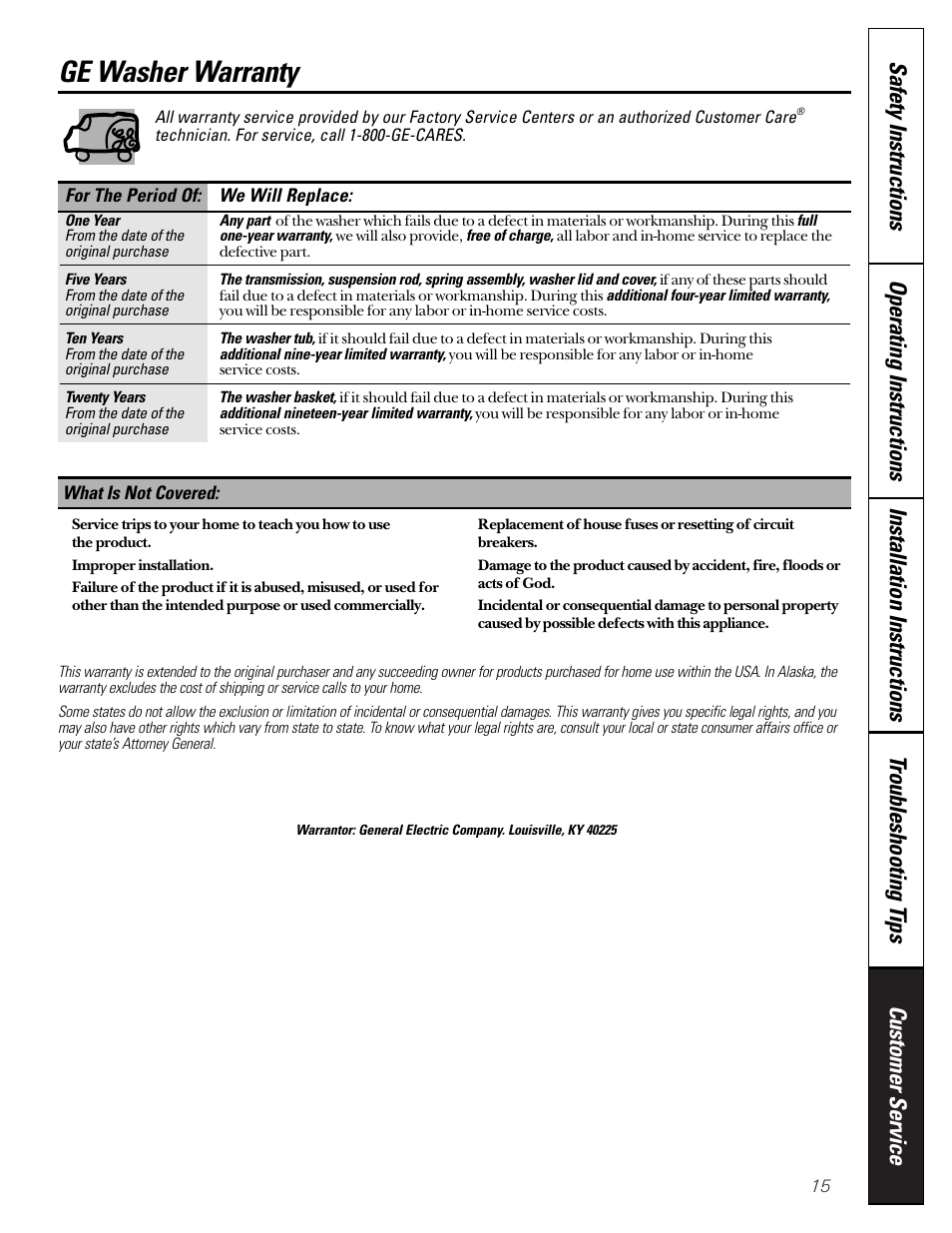 Warranty, Ge washer warranty | GE WBXE2070 User Manual | Page 15 / 16