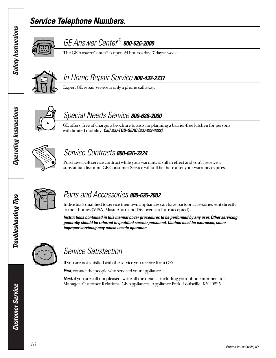 Service telephone numbers, Service telephone numbers. ge answer center, In-home repair service | Special needs service, Service contracts, Parts and accessories, Service satisfaction | GE WBXE2070 User Manual | Page 16 / 16