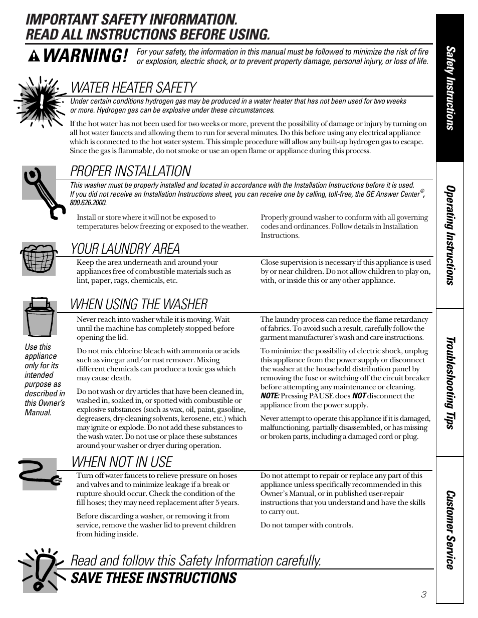 Safety information, Warning, Water heater safety | Proper installation, Your laundry area, When using the washer | GE WBXE2070 User Manual | Page 3 / 16