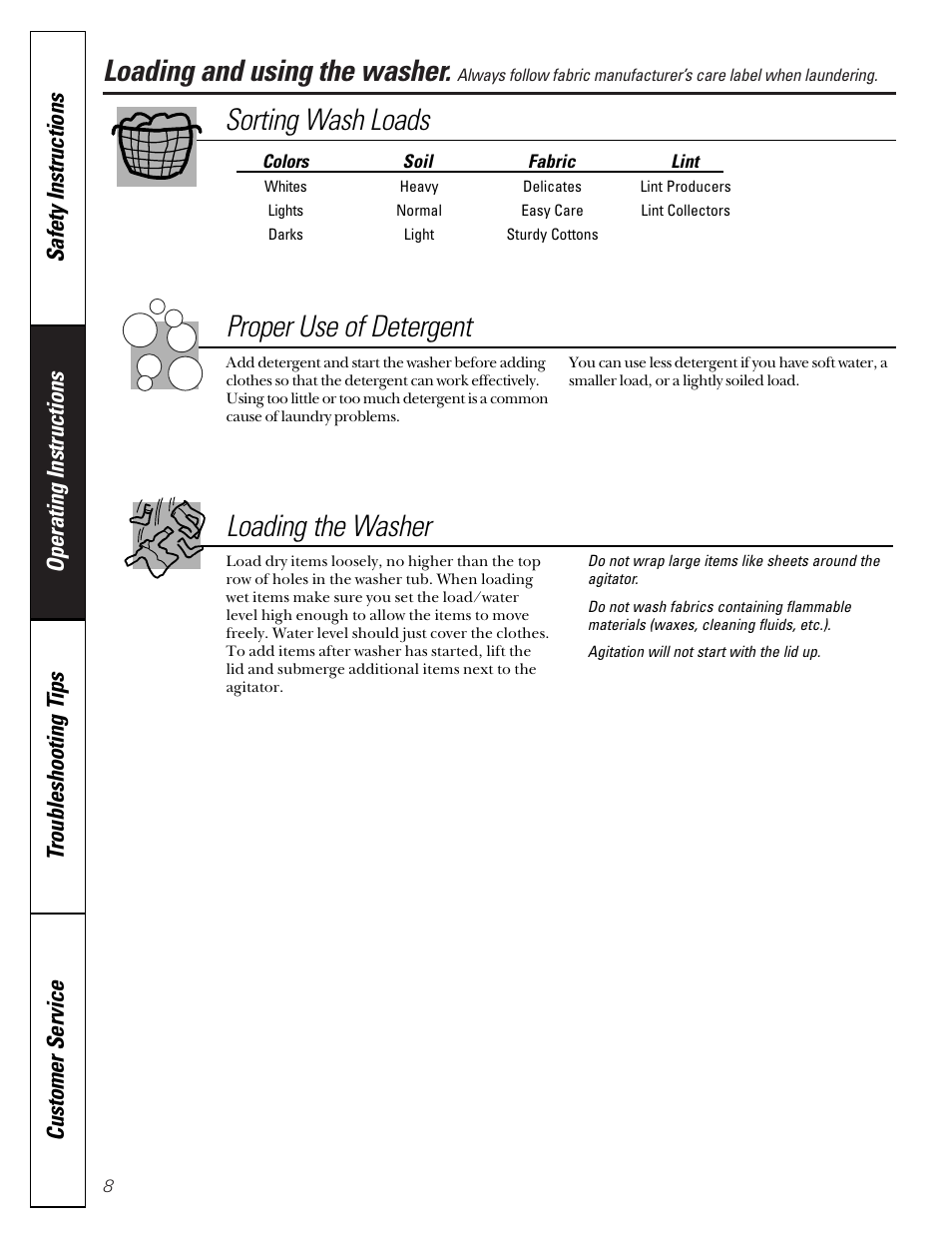 Loading and using the washer, Loading and using the washer , 9, Sorting wash loads proper use of detergent | Loading the washer | GE WBXE2070 User Manual | Page 8 / 16