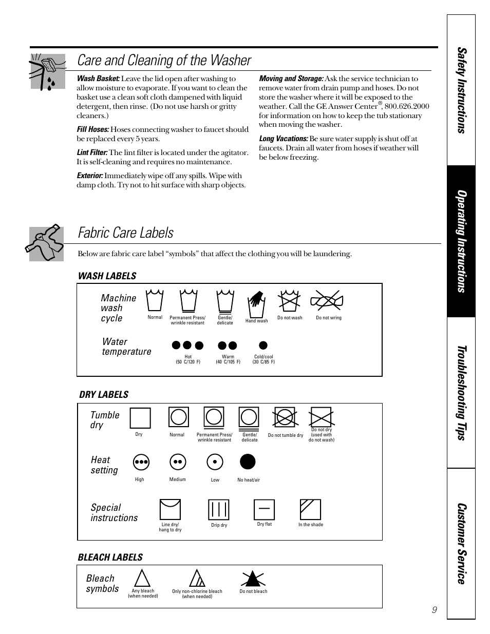 Fabric care labels, Care and cleaning of the washer, Machine wash cycle | Water temperature, Tumble dry, Heat setting, Special instructions, Bleach symbols, Wash labels dry labels bleach labels | GE WBXE2070 User Manual | Page 9 / 16