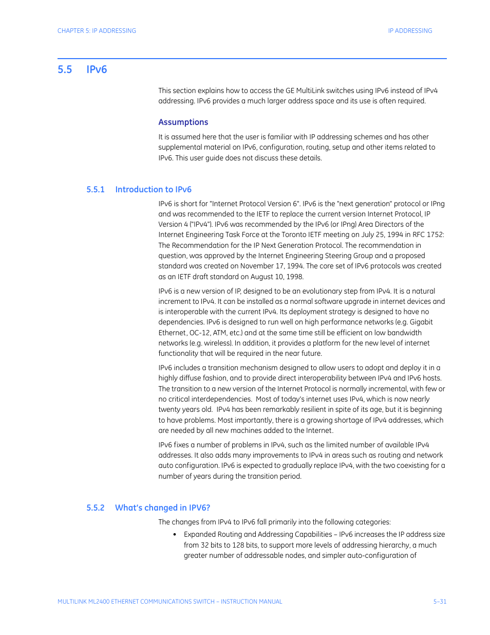5 ipv6, 1 introduction to ipv6, 2 what’s changed in ipv6 | Ipv6 -31, Ntroduction, Changed, Ipv6? -31 | GE MULTILINK ML2400 User Manual | Page 103 / 346