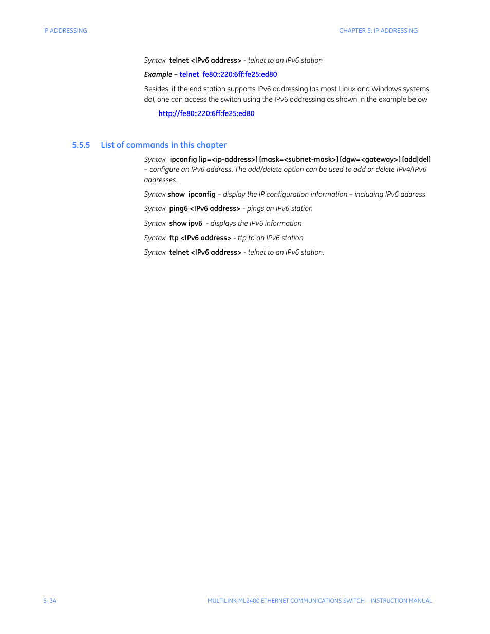 5 list of commands in this chapter, Commands, This | Chapter | GE MULTILINK ML2400 User Manual | Page 106 / 346