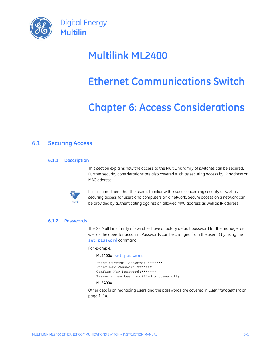 Access considerations, 1 securing access, 1 description | 2 passwords, Access, Considerations, Securing access -1, Escription, Asswords, Digital energy multilin | GE MULTILINK ML2400 User Manual | Page 107 / 346
