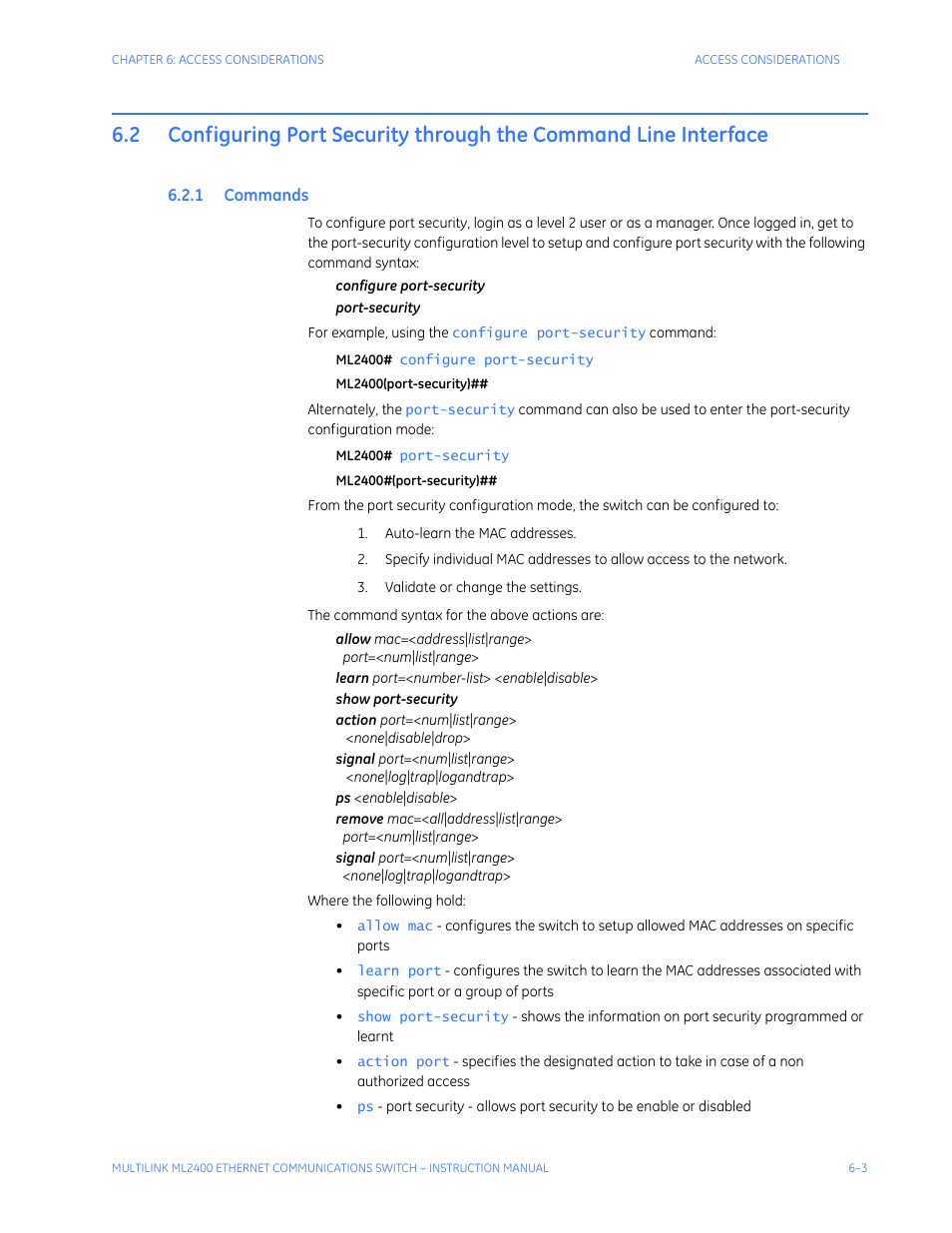 1 commands, Configuring port security, Through the command line interface -3 | Ommands | GE MULTILINK ML2400 User Manual | Page 109 / 346