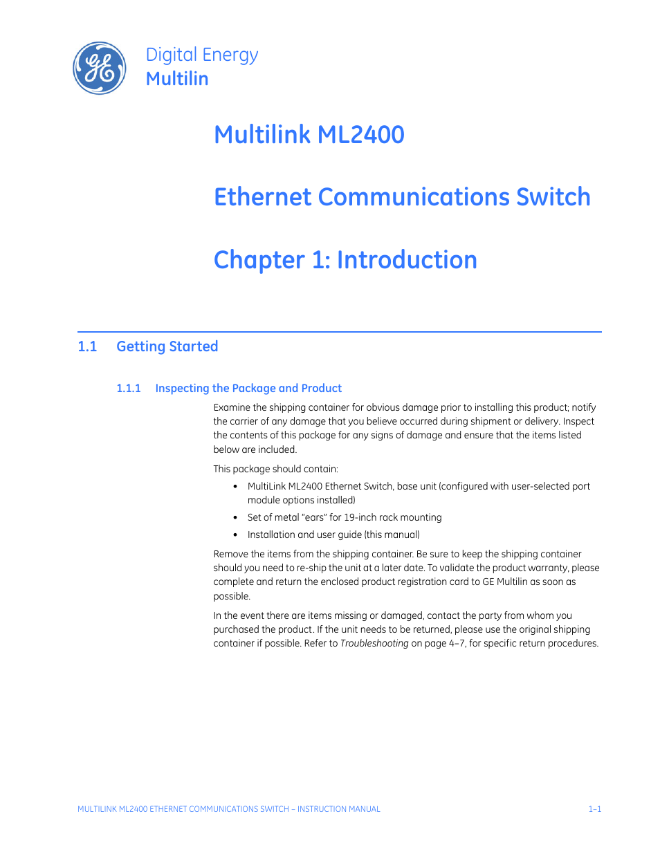 Introduction, 1 getting started, 1 inspecting the package and product | Getting started -1, Nspecting, Ackage, Roduct, Digital energy multilin | GE MULTILINK ML2400 User Manual | Page 11 / 346