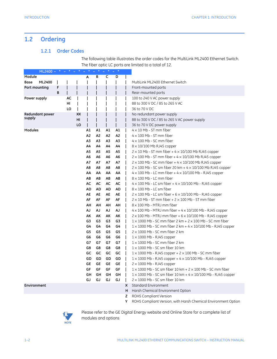 2 ordering, 1 order codes, Ordering -2 | Rder, Odes | GE MULTILINK ML2400 User Manual | Page 12 / 346