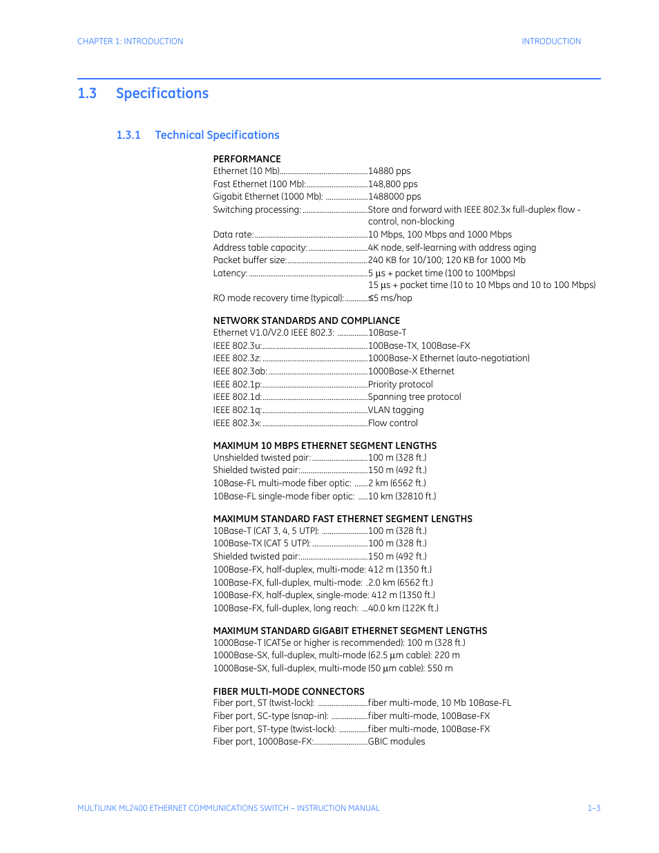 3 specifications, 1 technical specifications, Specifications -3 | Echnical, Pecifications | GE MULTILINK ML2400 User Manual | Page 13 / 346