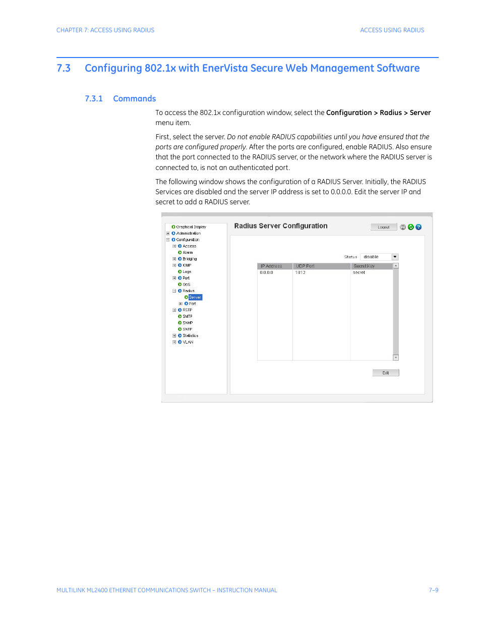 1 commands, Configuring 802.1x with enervista, Secure web management software -9 | Ommands | GE MULTILINK ML2400 User Manual | Page 133 / 346