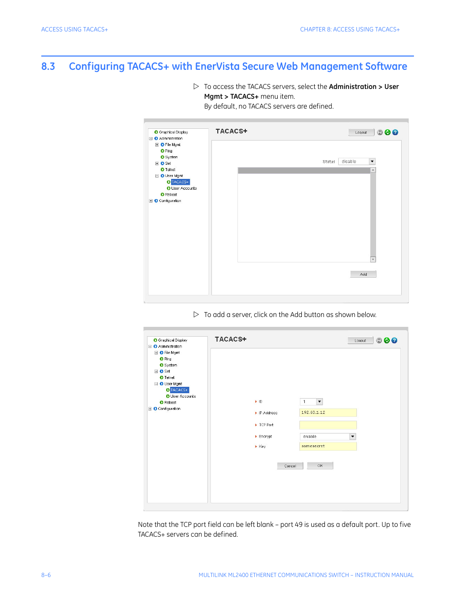 Configuring tacacs+ with enervista, Secure web management software -6 | GE MULTILINK ML2400 User Manual | Page 144 / 346