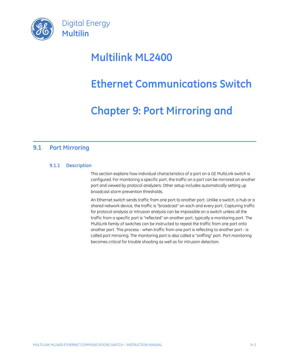 Port mirroring and setup, 1 port mirroring, 1 description | Port mirroring, And setup, Port mirroring -1, Escription, Digital energy multilin | GE MULTILINK ML2400 User Manual | Page 147 / 346