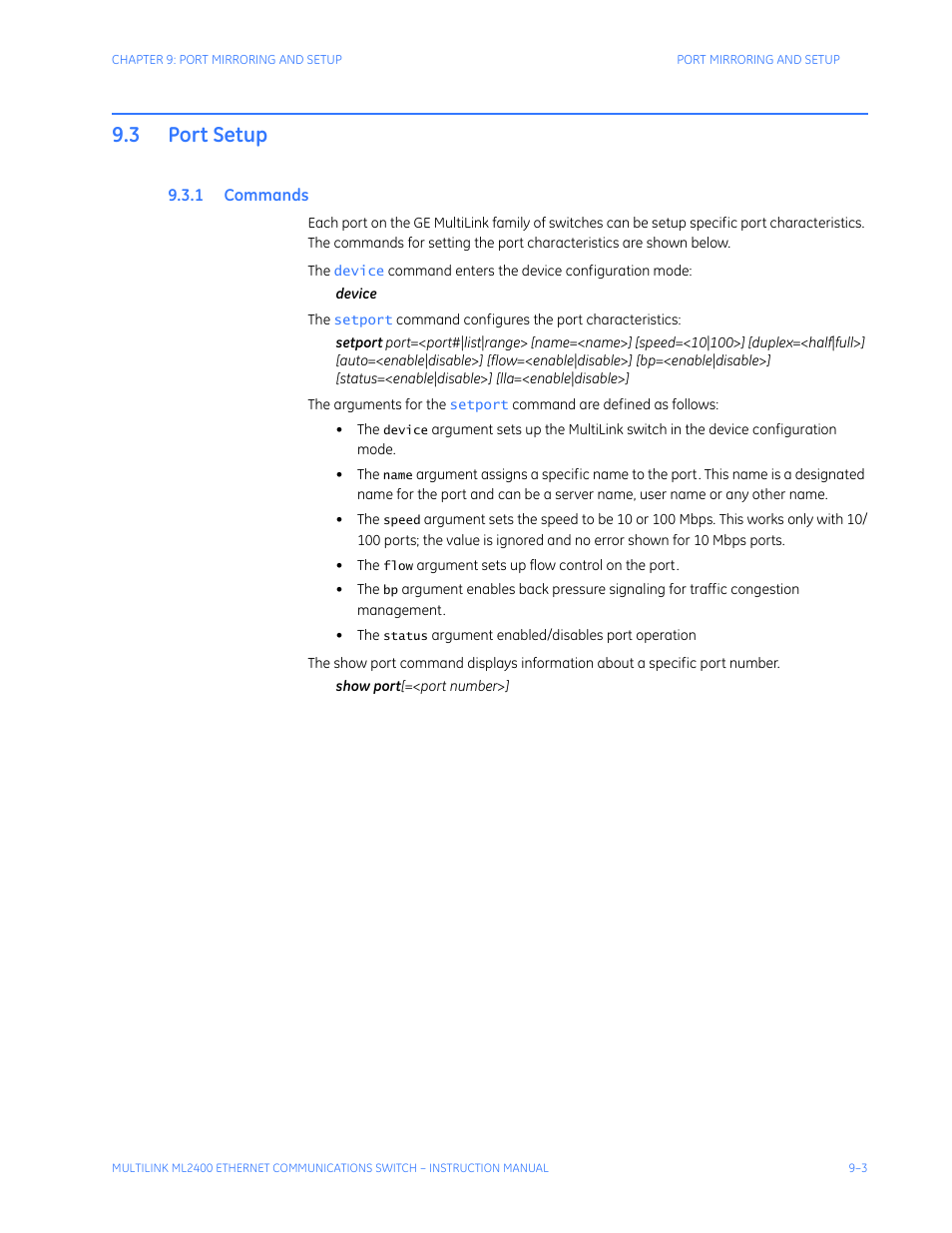 3 port setup, 1 commands, Port setup -3 | Ommands | GE MULTILINK ML2400 User Manual | Page 149 / 346