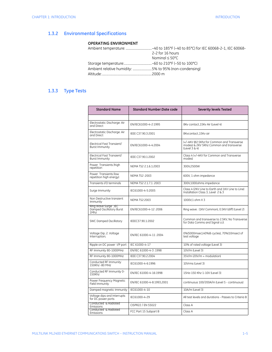 2 environmental specifications, 3 type tests, Nvironmental | Pecifications, Ests | GE MULTILINK ML2400 User Manual | Page 15 / 346