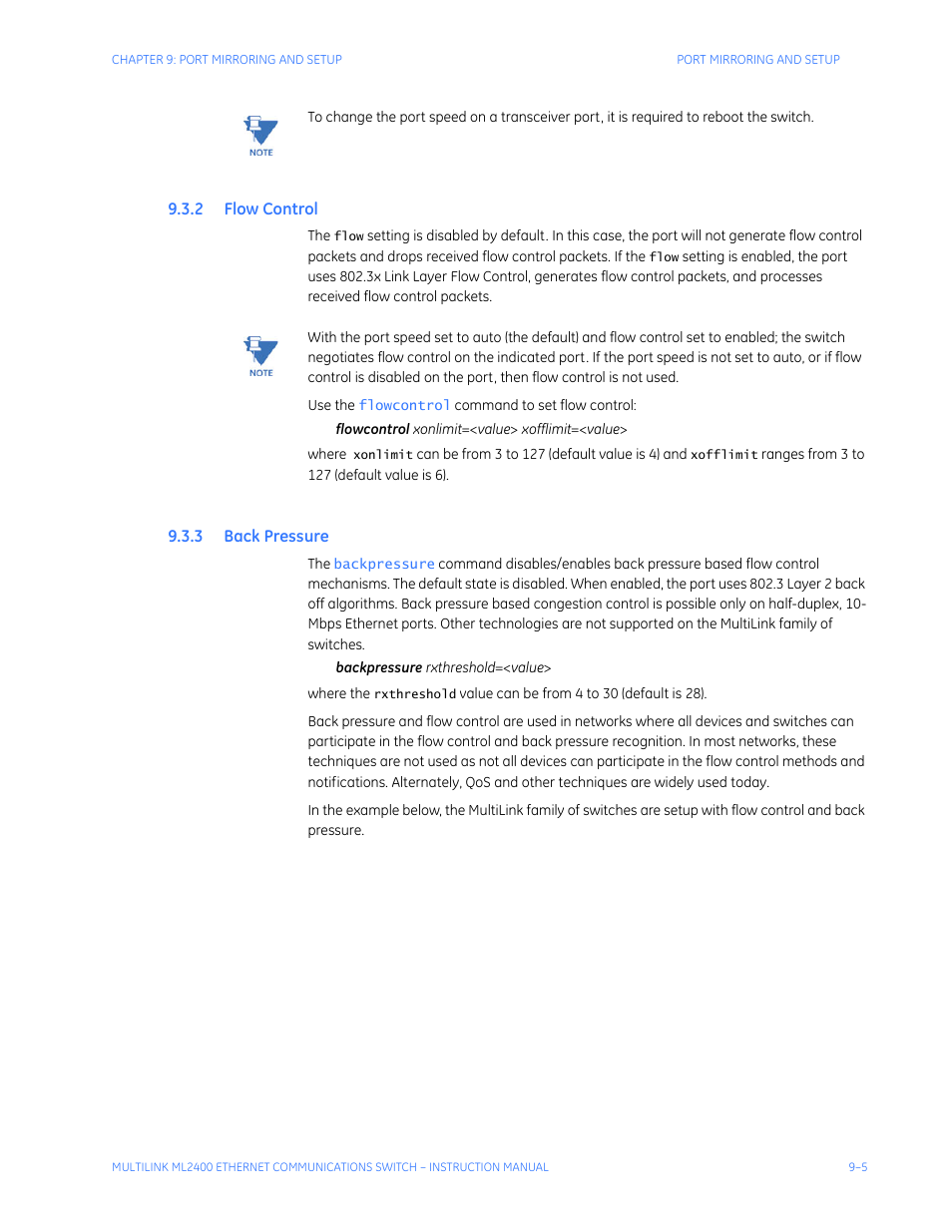 2 flow control, 3 back pressure, Ontrol | Ressure | GE MULTILINK ML2400 User Manual | Page 151 / 346