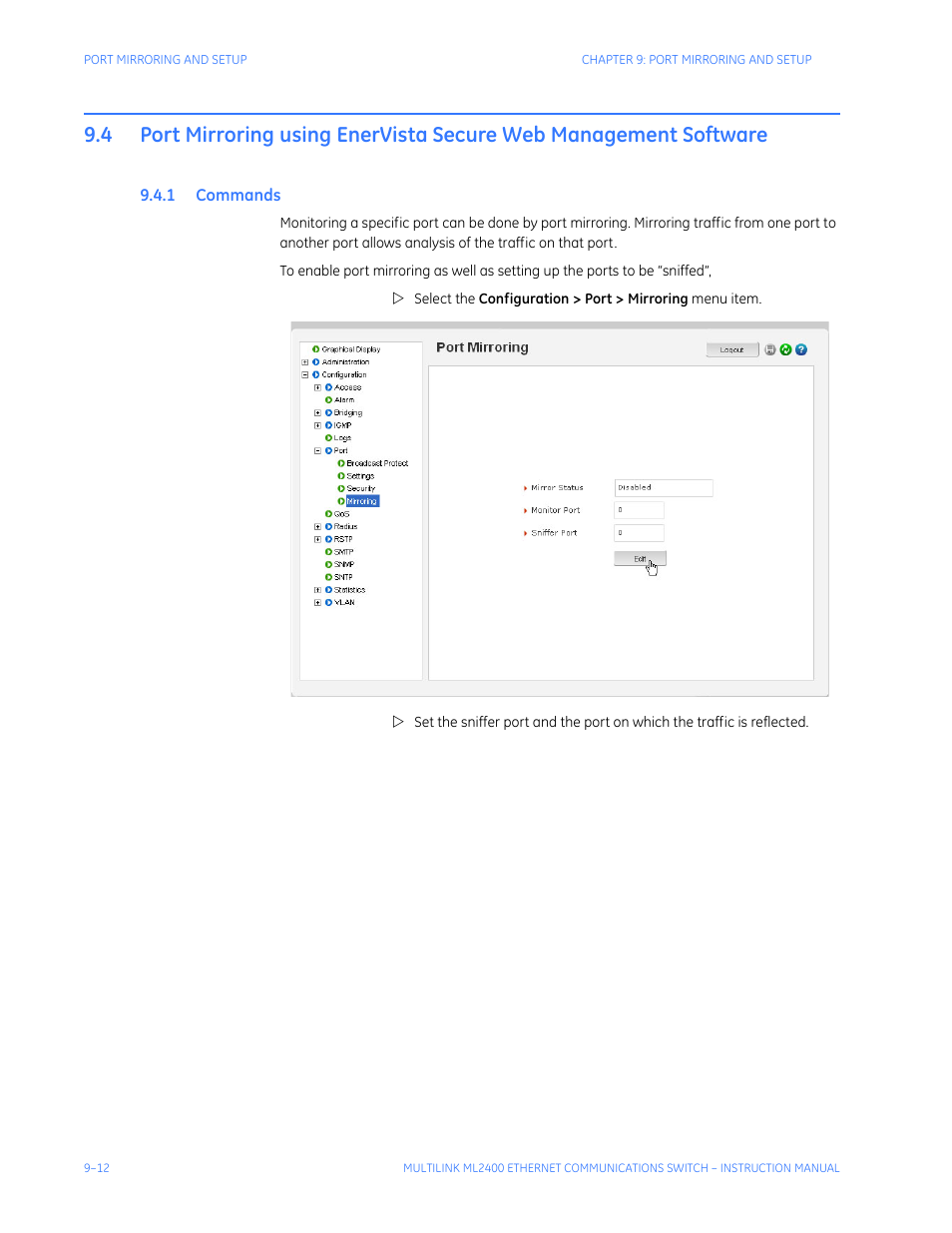 1 commands, Port mirroring using enervista, Secure web management software -12 | Ommands | GE MULTILINK ML2400 User Manual | Page 158 / 346