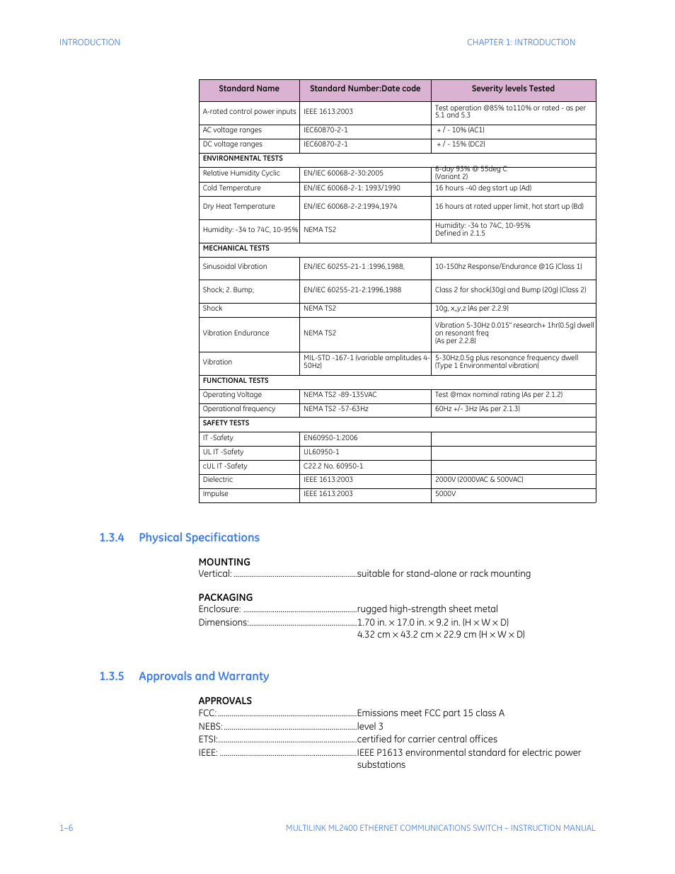 4 physical specifications, 5 approvals and warranty, Hysical | Pecifications, Pprovals, Arranty | GE MULTILINK ML2400 User Manual | Page 16 / 346