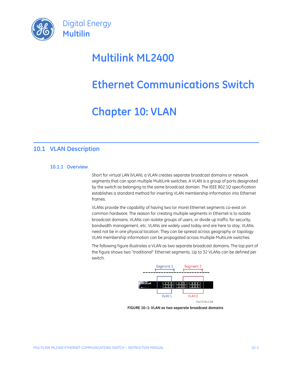Vlan, 1 vlan description, 1 overview | Vlan description -1, Verview, Digital energy multilin | GE MULTILINK ML2400 User Manual | Page 165 / 346