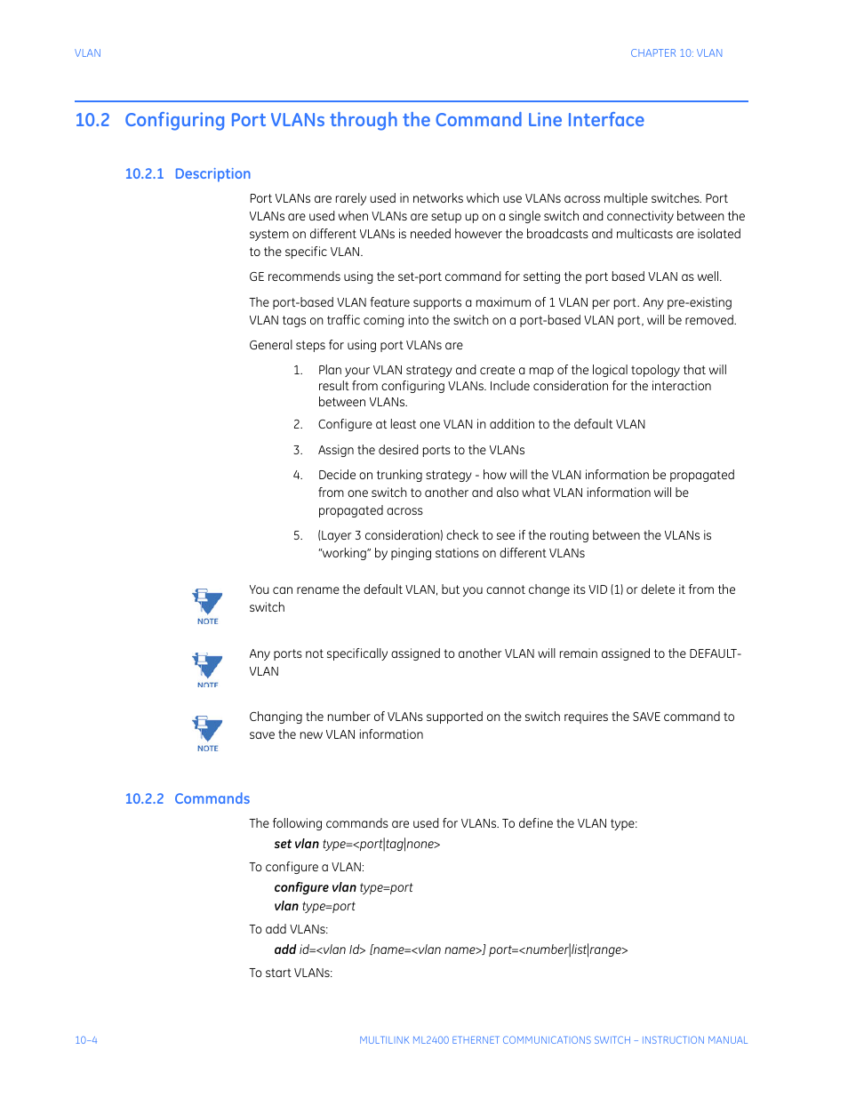 1 description, 2 commands, Configuring port vlans | Through the command line interface -4, Escription, Ommands | GE MULTILINK ML2400 User Manual | Page 168 / 346