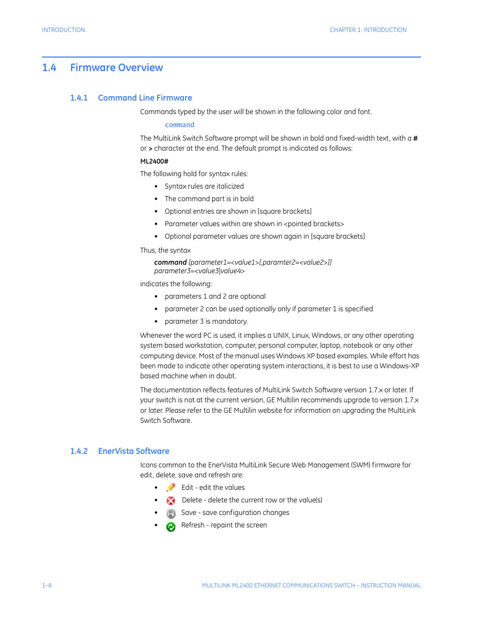 4 firmware overview, 1 command line firmware, 2 enervista software | Firmware overview -8, Ommand, Irmware, Ista, Oftware | GE MULTILINK ML2400 User Manual | Page 18 / 346