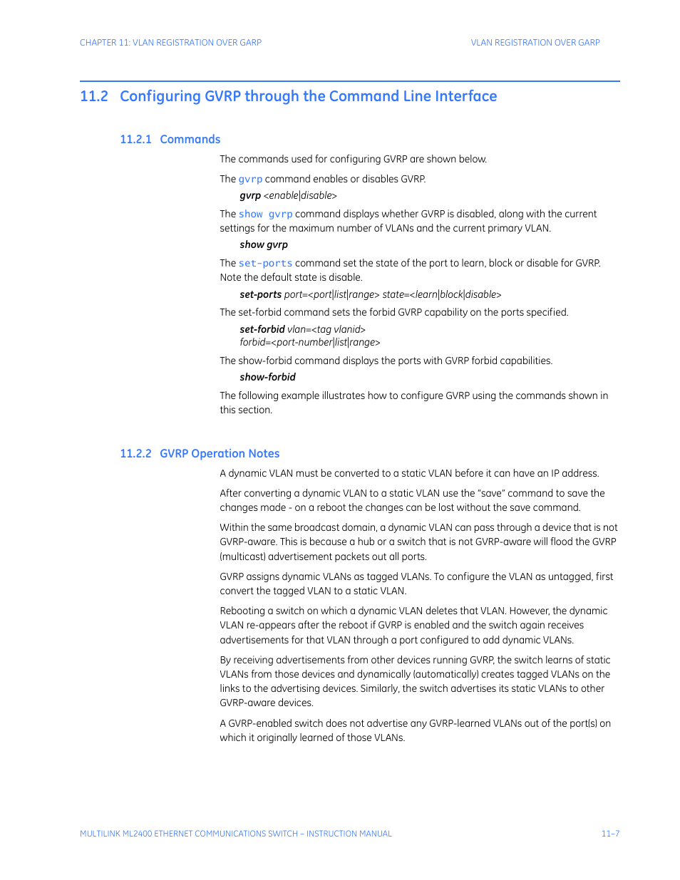 1 commands, 2 gvrp operation notes, Ommands | Gvrp o, Peration, Otes | GE MULTILINK ML2400 User Manual | Page 193 / 346