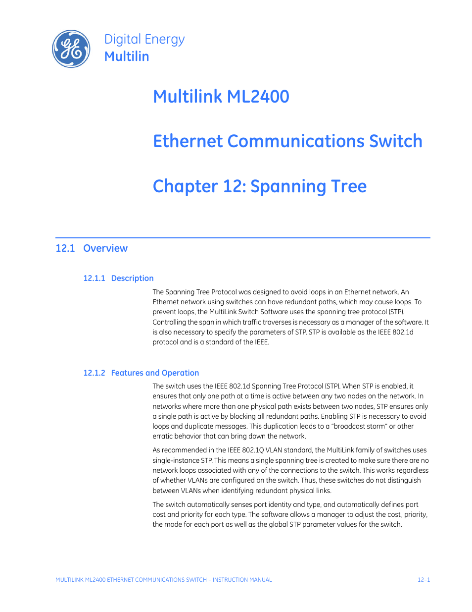 Spanning tree protocol (stp), 1 overview, 1 description | 2 features and operation, Spanning tree, Protocol (stp), Overview -1, Escription, Eatures, Peration | GE MULTILINK ML2400 User Manual | Page 197 / 346
