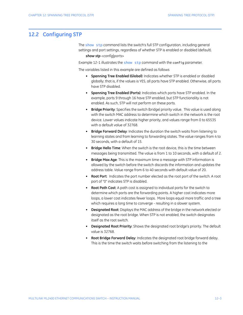 2 configuring stp, Configuring stp -3 | GE MULTILINK ML2400 User Manual | Page 199 / 346