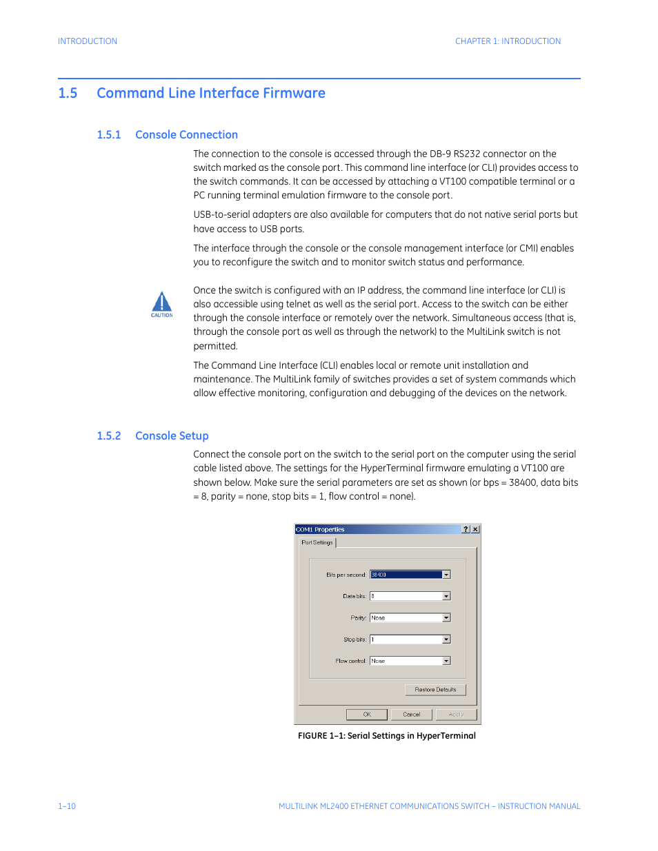 5 command line interface firmware, 1 console connection, 2 console setup | Command line interface firmware -10, Onsole, Onnection, Etup | GE MULTILINK ML2400 User Manual | Page 20 / 346