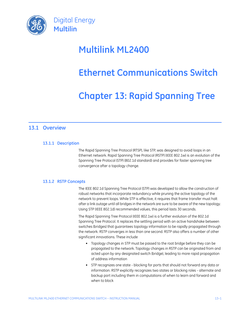 Rapid spanning tree protocol, 1 overview, 1 description | 2 rstp concepts, Rapid spanning, Tree protocol, Overview -1, Escription, Rstp c, Oncepts | GE MULTILINK ML2400 User Manual | Page 209 / 346