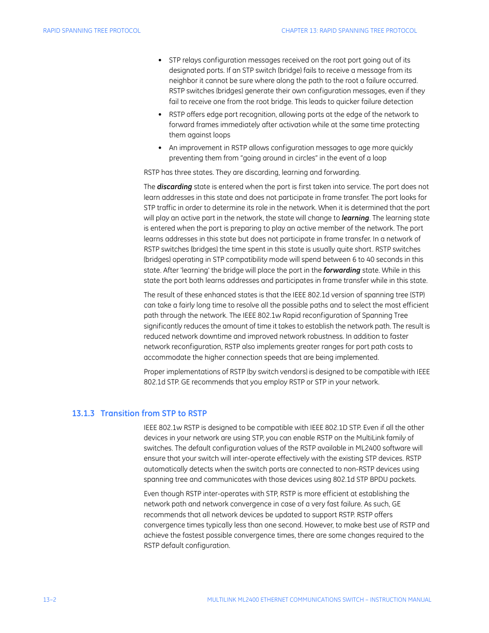3 transition from stp to rstp, Ransition, From | Rstp -2 | GE MULTILINK ML2400 User Manual | Page 210 / 346