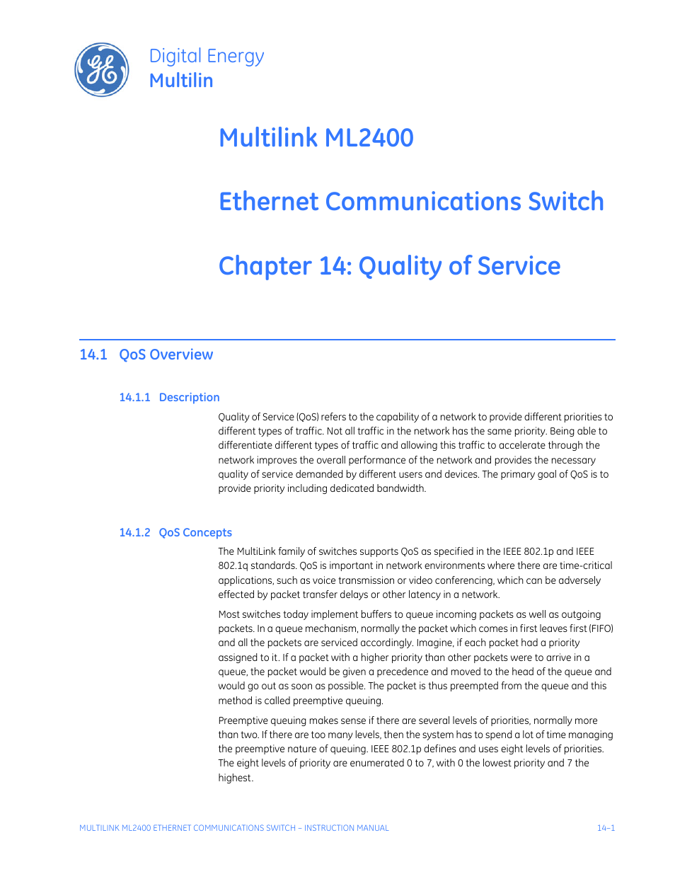 Quality of service, 1 qos overview, 1 description | 2 qos concepts, Quality of, Service, Qos overview -1, Escription, Oncepts, Digital energy multilin | GE MULTILINK ML2400 User Manual | Page 235 / 346