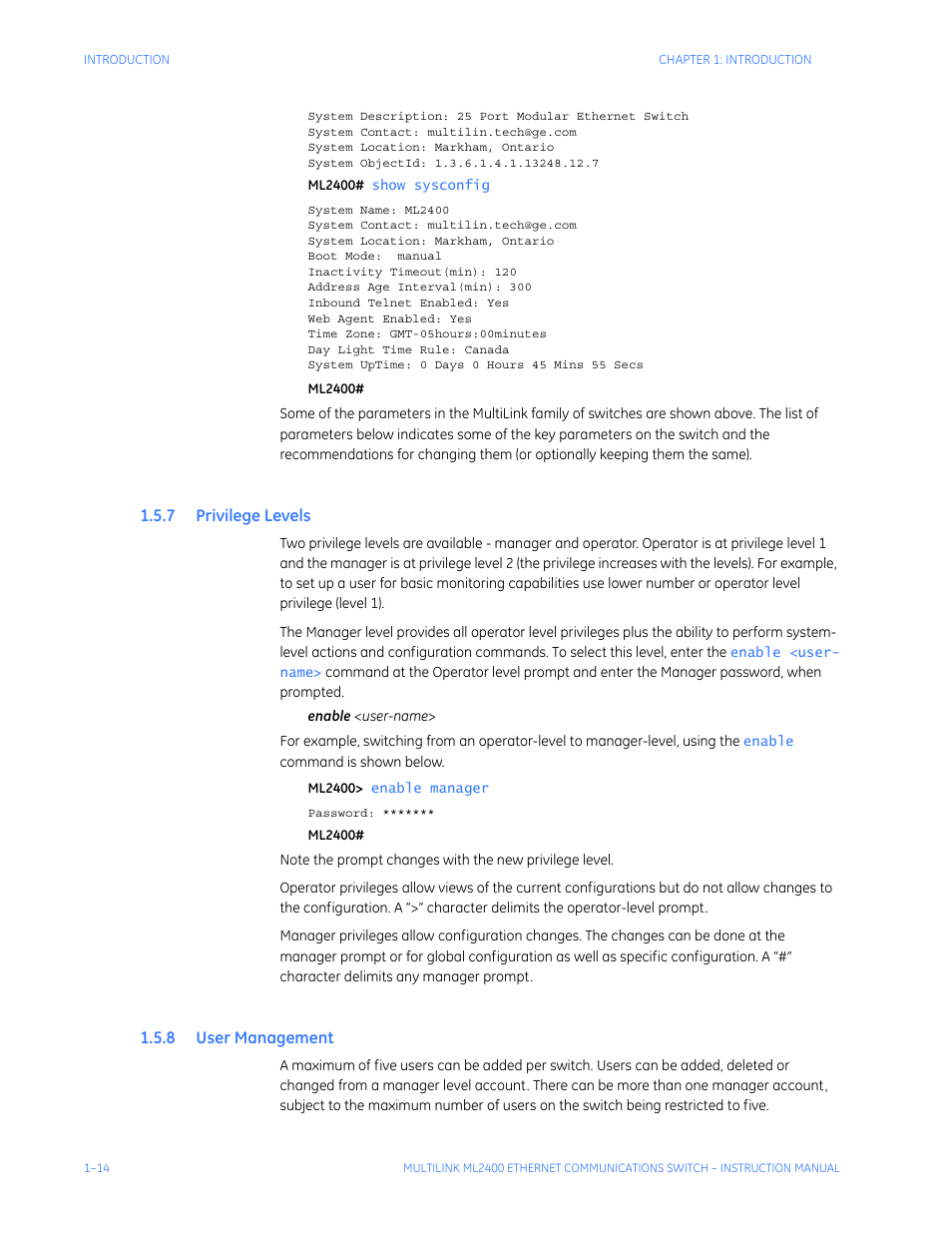 7 privilege levels, 8 user management, Rivilege | Evels, Anagement | GE MULTILINK ML2400 User Manual | Page 24 / 346