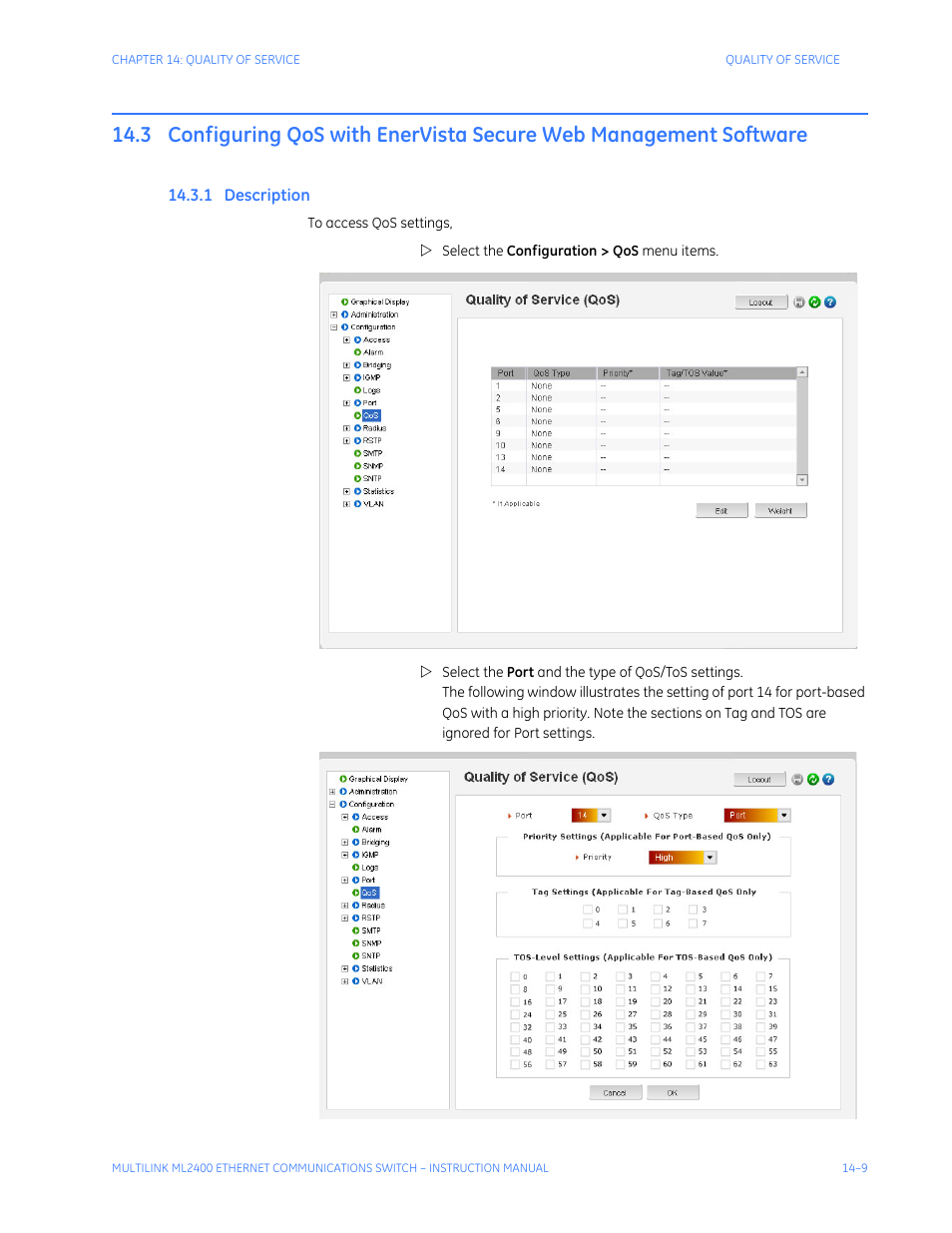 1 description, Configuring qos with enervista, Secure web management software -9 | Escription | GE MULTILINK ML2400 User Manual | Page 243 / 346