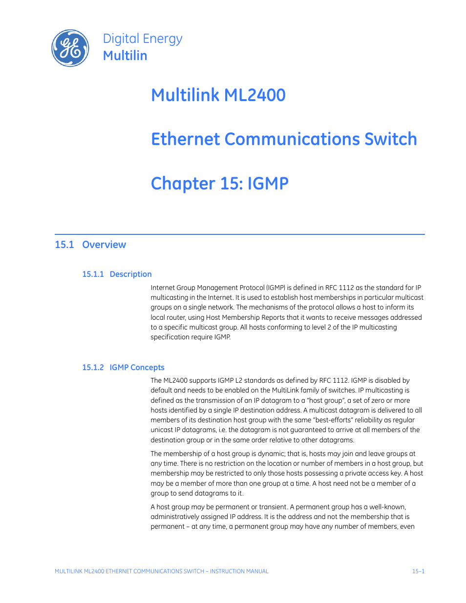 Igmp, 1 overview, 1 description | 2 igmp concepts, Overview -1, Escription, Igmp c, Oncepts, Digital energy multilin | GE MULTILINK ML2400 User Manual | Page 247 / 346