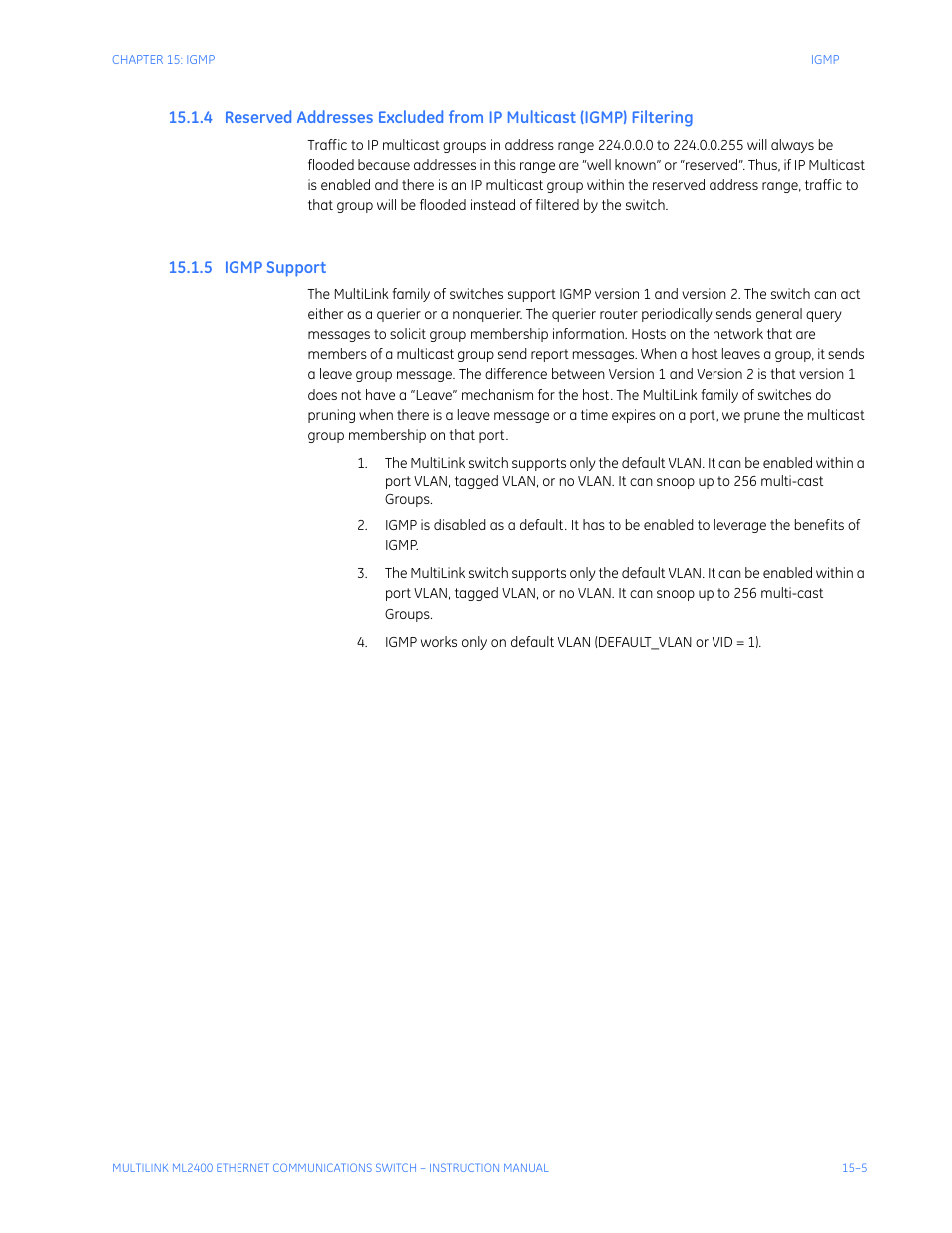5 igmp support, Eserved, Ddresses | Xcluded, From, Ip m, Ulticast, Igmp) f, Iltering, Igmp s | GE MULTILINK ML2400 User Manual | Page 251 / 346