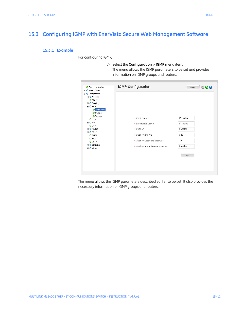 1 example, Configuring igmp with enervista, Secure web management software -11 | Xample | GE MULTILINK ML2400 User Manual | Page 257 / 346