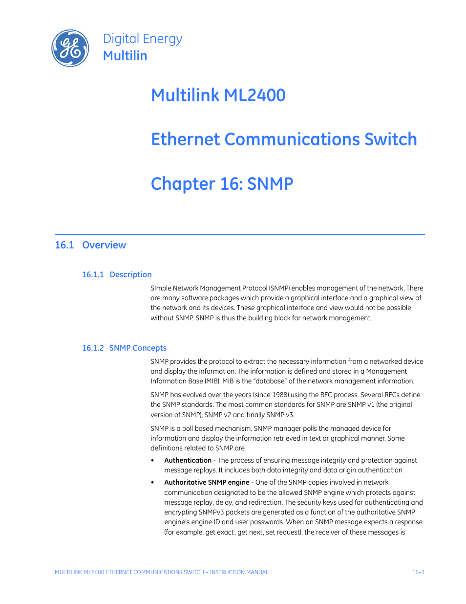 Snmp, 1 overview, 1 description | 2 snmp concepts, Overview -1, Escription, Snmp c, Oncepts, Digital energy multilin | GE MULTILINK ML2400 User Manual | Page 259 / 346
