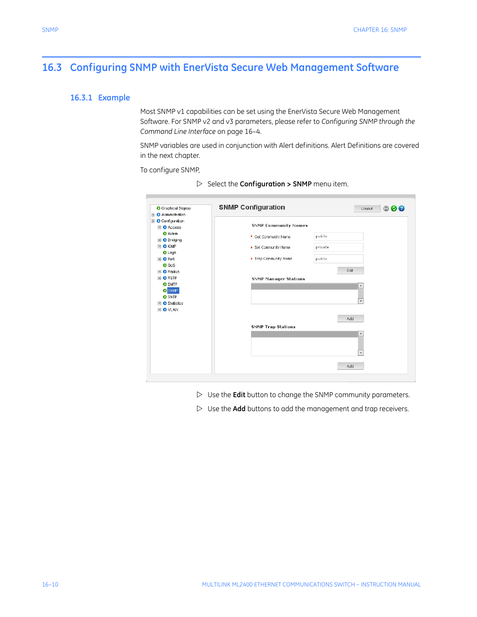 1 example, Configuring snmp with enervista, Secure web management software -10 | Xample | GE MULTILINK ML2400 User Manual | Page 268 / 346