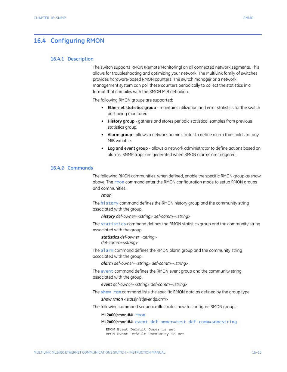 4 configuring rmon, 1 description, 2 commands | Configuring rmon -13, Escription, Ommands | GE MULTILINK ML2400 User Manual | Page 271 / 346