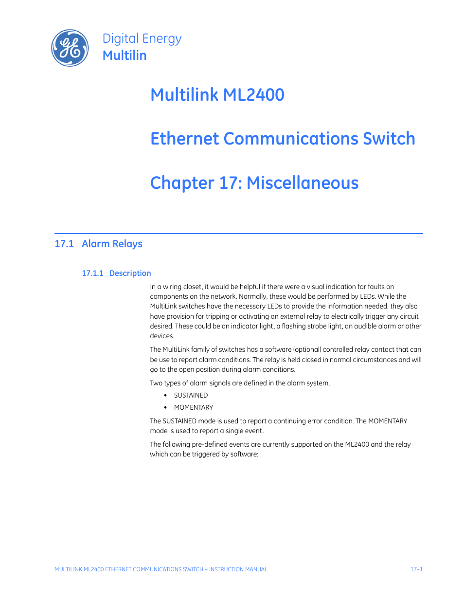 Miscellaneous commands, 1 alarm relays, 1 description | Miscellaneous, Commands, Alarm relays -1, Escription, Digital energy multilin | GE MULTILINK ML2400 User Manual | Page 273 / 346