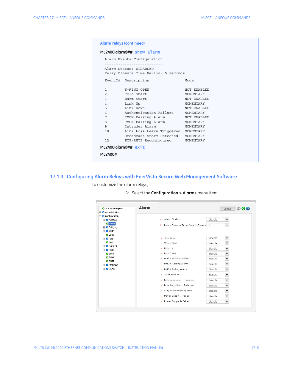 Onfiguring, Larm, Elays | With, Ista, Ecure, Anagement, Oftware | GE MULTILINK ML2400 User Manual | Page 277 / 346