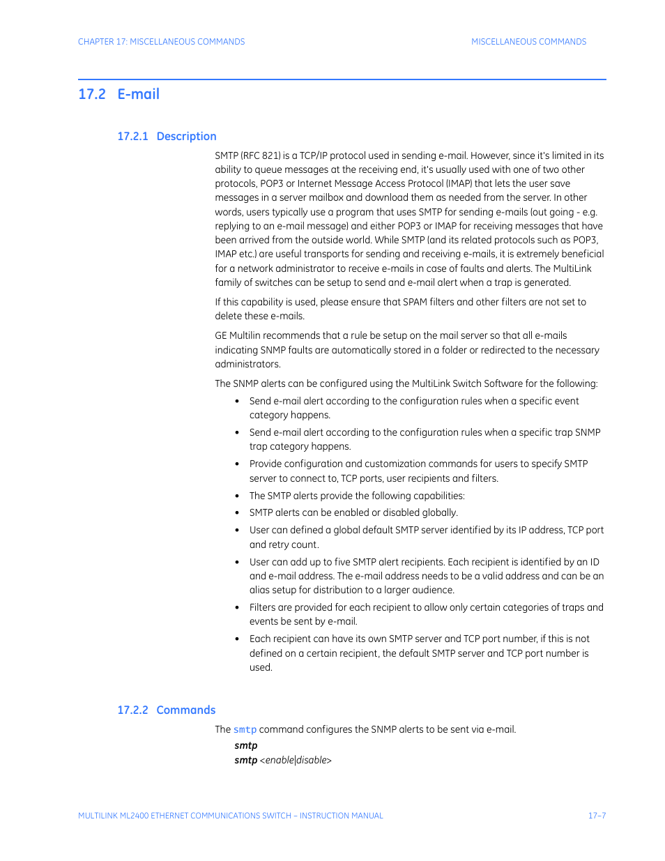 2 e-mail, 1 description, 2 commands | E-mail -7, Escription, Ommands | GE MULTILINK ML2400 User Manual | Page 279 / 346