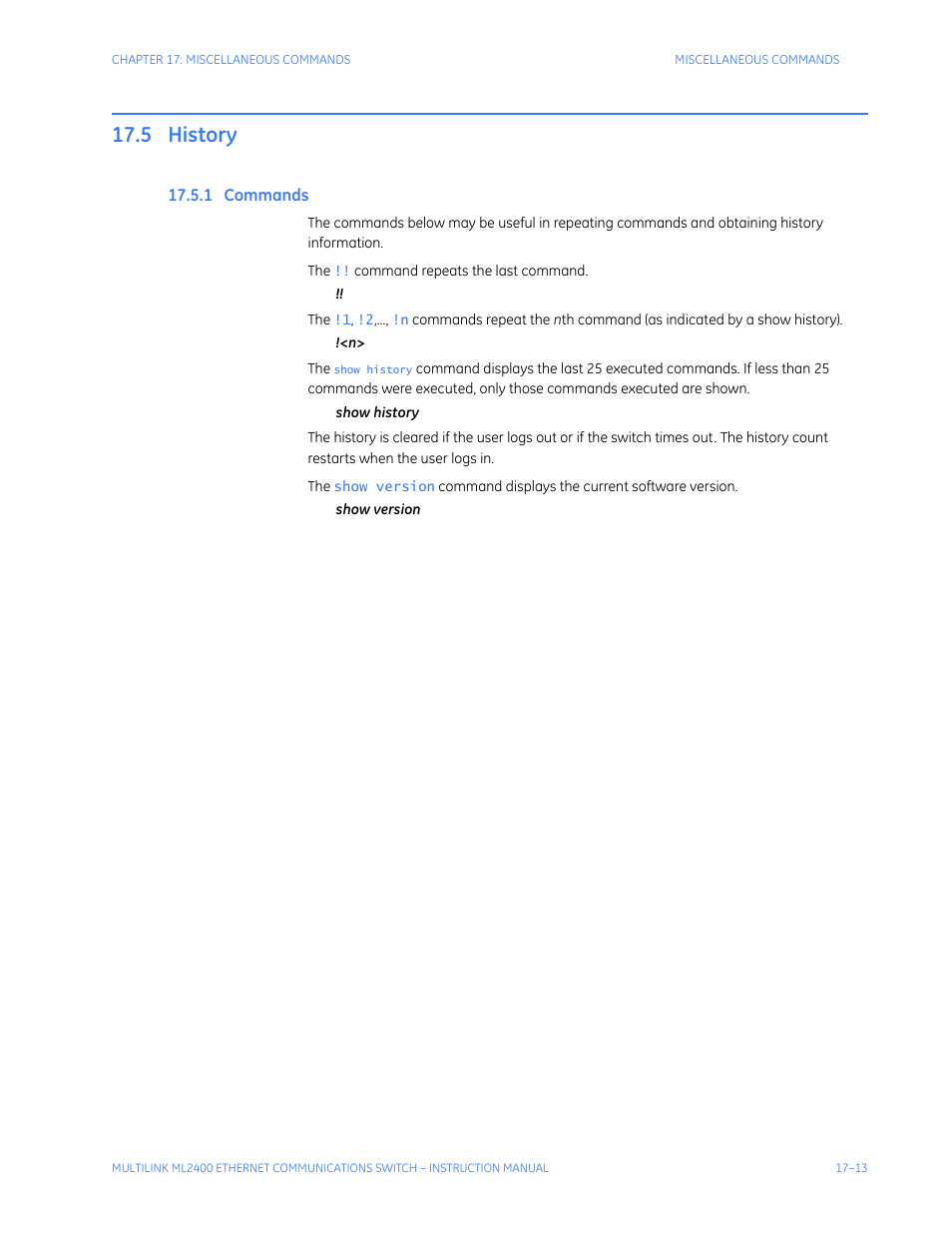 5 history, 1 commands, History -13 | Ommands | GE MULTILINK ML2400 User Manual | Page 285 / 346