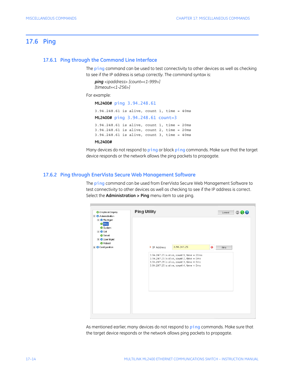 6 ping, 1 ping through the command line interface, Ping -14 | Through, Ommand, Nterface, Ista, Ecure, Anagement, Oftware | GE MULTILINK ML2400 User Manual | Page 286 / 346