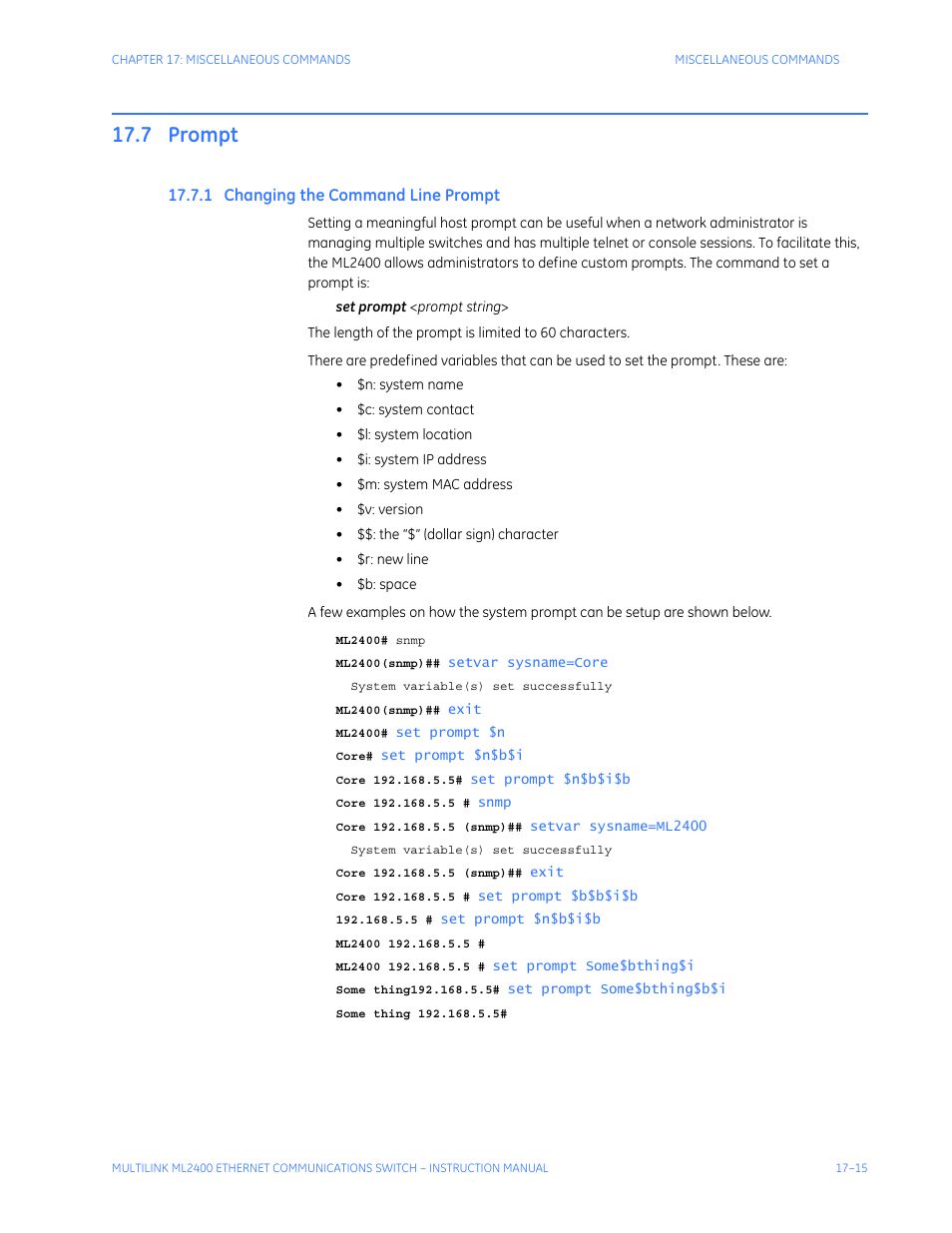 7 prompt, 1 changing the command line prompt, Prompt -15 | Hanging, Ommand, Rompt | GE MULTILINK ML2400 User Manual | Page 287 / 346