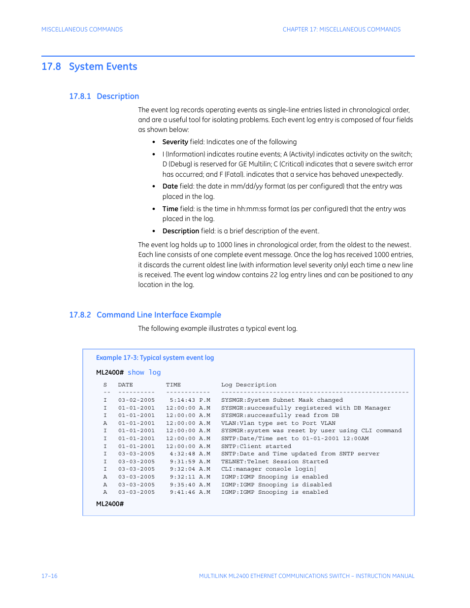 8 system events, 1 description, 2 command line interface example | System events -16, Escription, Ommand, Nterface, Xample | GE MULTILINK ML2400 User Manual | Page 288 / 346