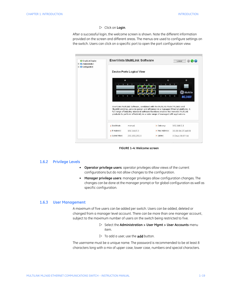 2 privilege levels, 3 user management, Rivilege | Evels, Anagement | GE MULTILINK ML2400 User Manual | Page 29 / 346
