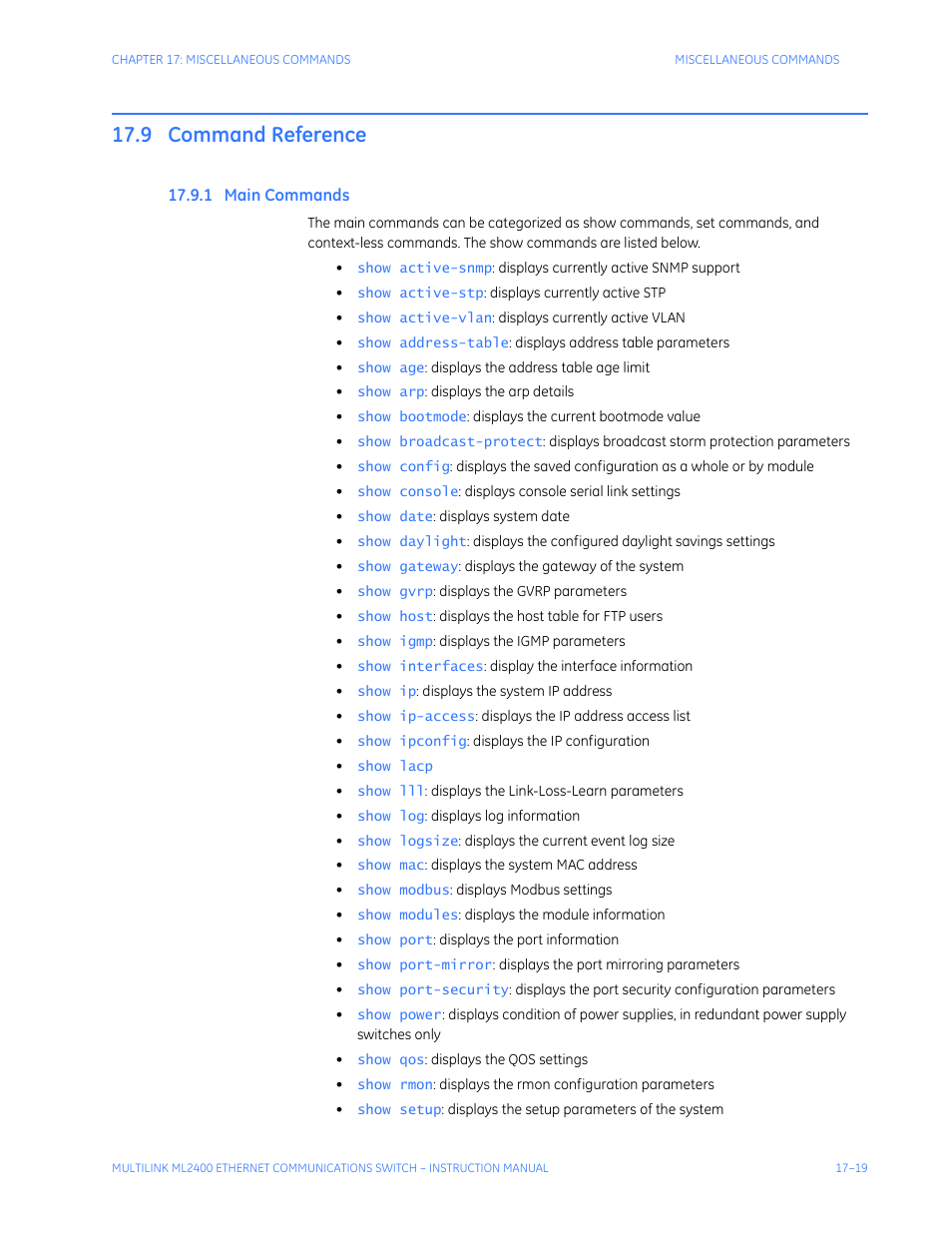 9 command reference, 1 main commands, Command reference -19 | Ommands | GE MULTILINK ML2400 User Manual | Page 291 / 346