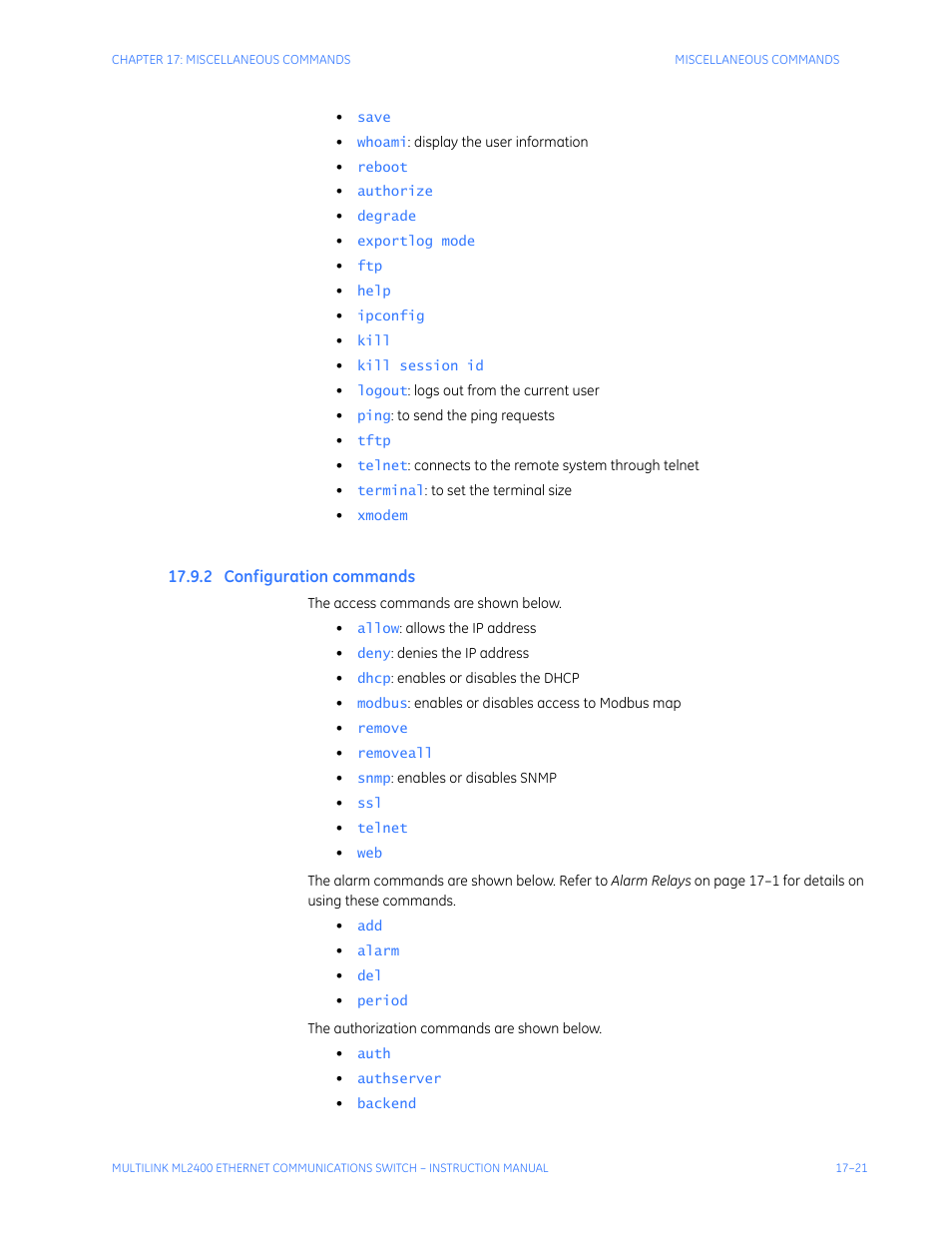 2 configuration commands, Onfiguration, Commands | GE MULTILINK ML2400 User Manual | Page 293 / 346